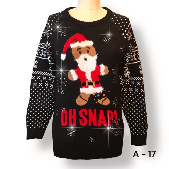 Well Worn Holiday Santa Oh Snap Ugly Christmas Sweater Sz L Rhinestone Snowflake - Picture 1 of 12